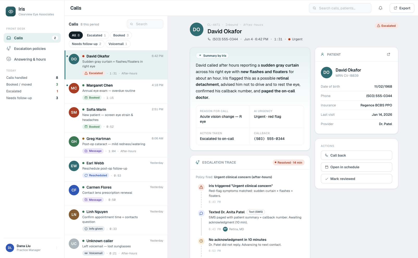 Voice receptionist agent dashboard showing live call handling, scheduling integration, and call transcripts